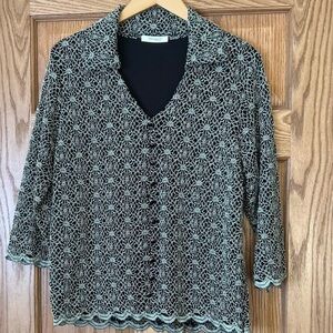 Dress Barn Pull Over Scalloped Top- Black with Silver Designs- V-Necked